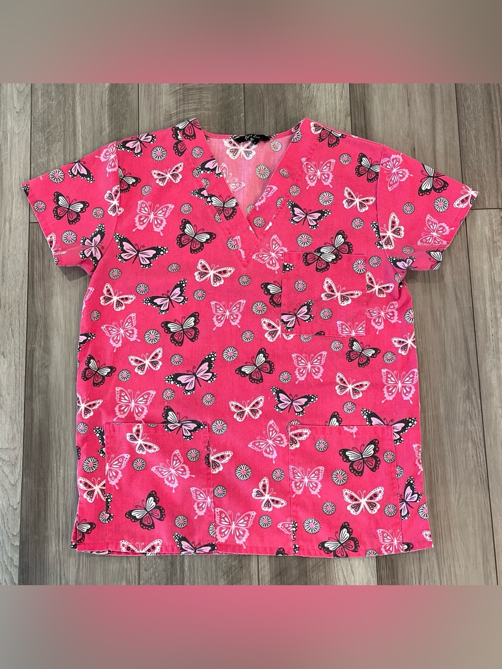 Just Love Women’s Pink Butterfly Print Scrub Top